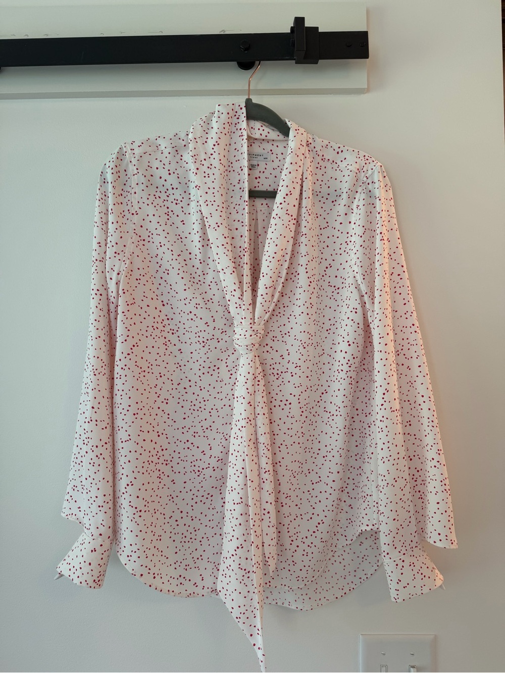 Equipment White and Red Dot Tie-Neck Blouse